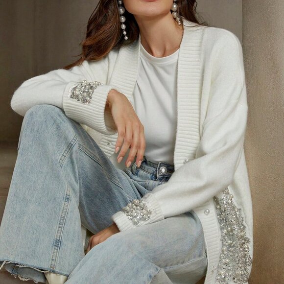 White Casual Women's Sequin & Faux Pearl Embellished Sweater Cardigan - Picture 4 of 6